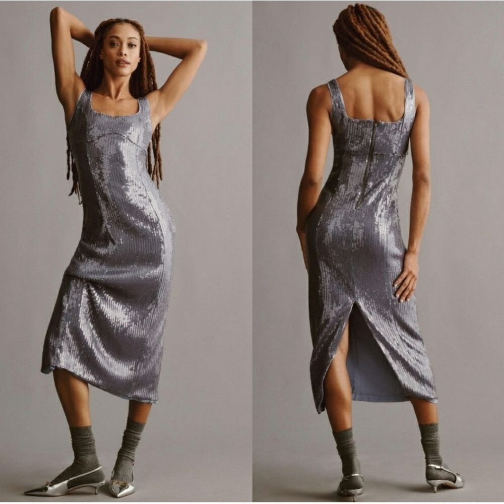 Pilcro Sequin Slim Midi Dress Scooped Square Neck Sleeveless Women's Size XL